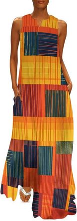 Generic Kente Cloth African Ashanti Ethnic Pattern Womens Casual Maxi Dresses V-Neck Sleeveless Ladies Long Dress Beach Sundress XL