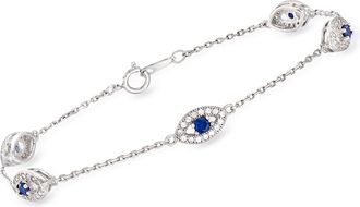 Ross-Simons CZ and. Simulated Sapphire Evil Eye Station Bracelet in Sterling Silver