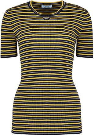 Prada Ribbed Striped T-Shirt - Dames - T-shirts - Geel - S - Tops