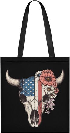 Generic U.S Flag Cow Skull Tote Bag for Women Men Shoulder Bags Purses Pouch Handbags