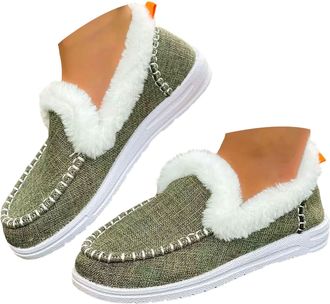 Generic Womens Winter Loafers Slip On Fleeced Lined Shoes Warm Loafers Women Thickened Warmth Shoes Flat Driver Trainers with Non Slip Sole Fuzzy Faux Fur Col