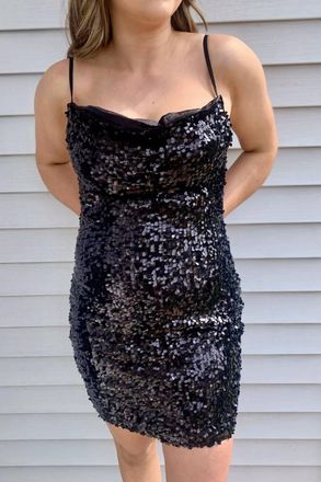 Alythea Black Sequin Cowl Neck Mini Dres