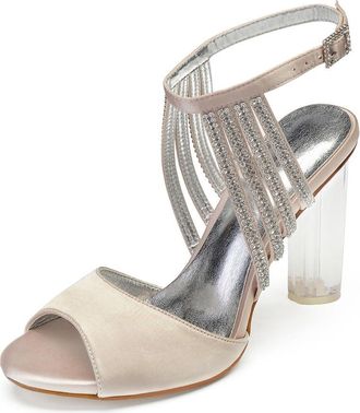 Generic Satin Wedding Bridal Shoes Womens Chunky Heels Open Toe Ankle Strap Heeled Evening Party Dress High Sandals 10.5Cm,Champagne,9 UK