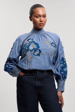Karen Millen Womens Plus Size Balloon Sleeve Embroidered And Beaded Woven Blouse - Blue viscose - Size 22 UK