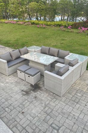 Fimous Rattan Garden Funiture Set Adjustable Rising Lifting Table Sofa Dining Set Lounge Chair Table Stool in Light Grey