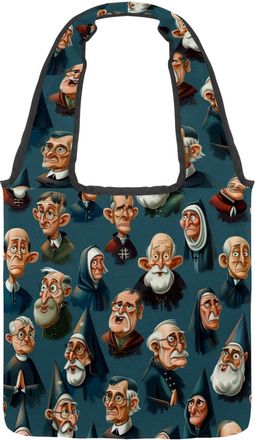 Generic Cartoon Catholic Pattern Reversible Canvas Shoulder Tote - Double-Sided Print, 12oz Cotton, 27cm Drop, Fold-Flat Bag for Travel, Shopping, Street Outi