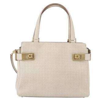 Ferragamo Double Gancini Side Buckle Tote Leather Beige Leather Handbag (Pre-Owned)