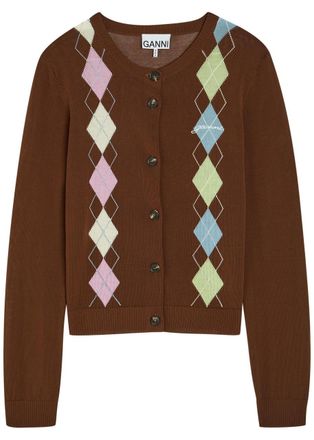 Ganni Argyle Cotton Cardigan - Brown - S (UK8-10 / S)