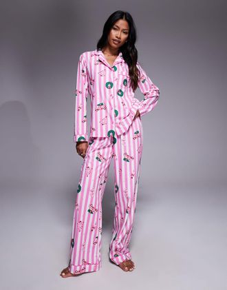 Boux Avenue Set pigiama in flanella rosa a righe con stampa natalizia composto da top a maniche lunghe e pantaloni-Multicolore