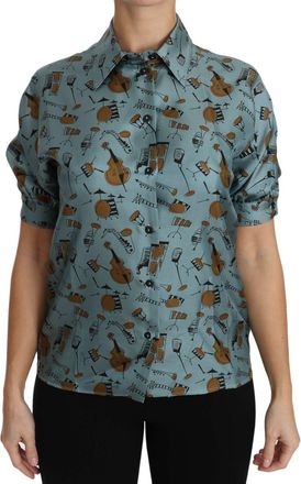 Dolce & Gabbana Womens Multicolor Musical Instruments Silk Short Sleeve Shirt