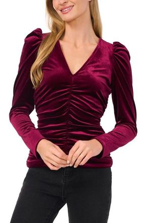 CeCe by Cynthia Steffe Ruched Puff Sleeve Stretch Velvet Top in Majestic Wine at Nordstrom, Size Small