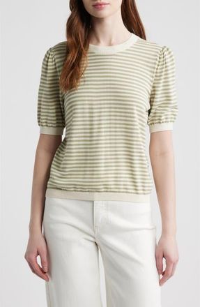 Frame Denim The Stripe Gather Crop Cotton & Modal Sweater in Sage Multi at Nordstrom, Size X-Small