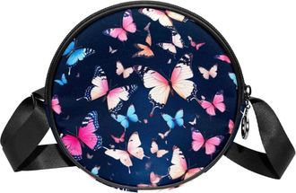 Generic Circle Crossbody Bag for Women, Butterfly Small Sling Bag Daypack with Zipper Adjustable Shoulder Straps Casual Ladies Girls Round Purse