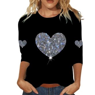 Generic Sequin Tops For Women Uk Party Blouses For Women Three Quarter Sleeve Tops Heart Printed Round Neck Basic Tops Tunic Tops Blouse Loose Fit Sweatshirts