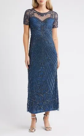 Pisarro Nights Illusion Beaded Mesh Column Gown in Petrol Blue at Nordstrom Rack, Size 12