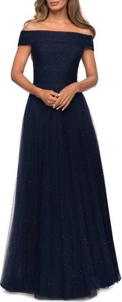 La Femme Tulle Off the Shoulder A-line Dress with Rhinestones in Navy at Nordstrom, Size 14