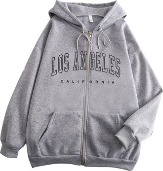 Generic Womens Los Angeles California Zip Up Hoodies Trendy Letter Pullover Outfits Comfort Loose Fitting Zipper Up Floral Print Tops Workou Soft Essential Cu