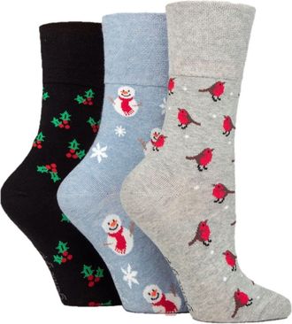 Generic Ladies Christmas Design Gentle Grip Socks 3 Pairs, Multicoloured, 4-8, (AK-24603)