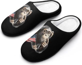 Generic Monkey with U.S.A Flag Mens Cozy Cotton Slippers with Memory Foam Lightweight Anti-skid House Shoes for Indoor Outdoor