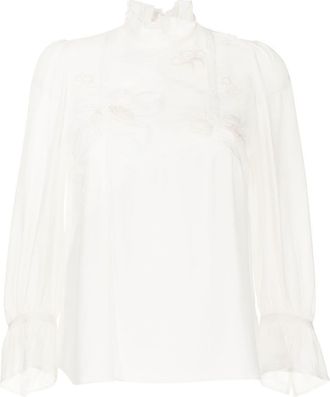 Shiatzy Chen floral-appliqu&eacute; crop-sleeve blouse - women - Polyamide/Mulberry Silk/Mulberry Silk - 38 - White