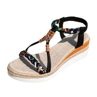 Generic Womens Wedge Sandals Thick Soled Womens Bohemian Shoes Fashion Casual Braided Strap Hollow Fish Mouth Sandals Elastic Ankle Strap Summer Comfortable S