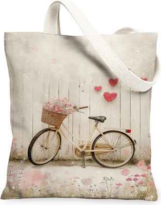 Generic Vintage Floral Bike Canvas Tote Bag, Romantic Hearts Pattern Reusable Grocery Bags, Lightweight Washable Shoulder Strap Can, Beige, 13x15 Inch