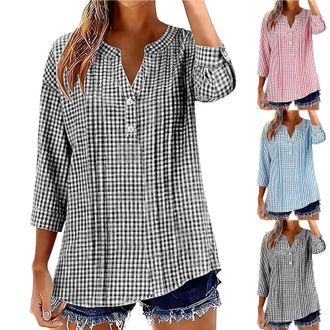 Generic Womens Checked Blouse Cotton Linen Gingham Shirts for Women UK 3/4 Sleeve Classic Plaid Shirt Casual V Neck Button UP Ladies Blouses Tops Loose Fit Fl