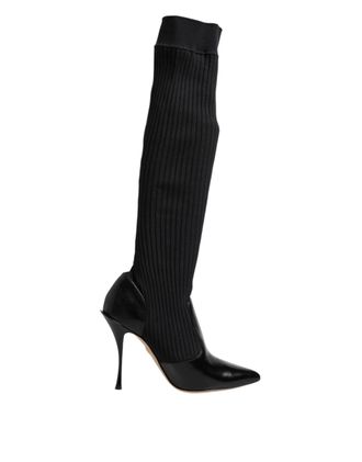Dolce & Gabbana Black Leather Ribbed Knit Knee Boots Womens Shoes