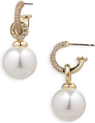 Nordstrom Rack Faux Pearl Drop Pavé Cubic Zirconia Hoop Earrings in Clear- White- Gold at Nordstrom Rack