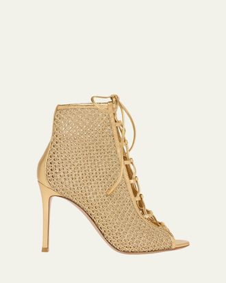 Gianvito Rossi 105mm Metallic Leather and Mesh Lace-Up Booties