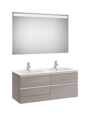Roca Roca - Pack De Mueble Base De Cuatro Cajones, Lavabo Doble Y Espejo Led The Gap Color: Roble City Texturizado