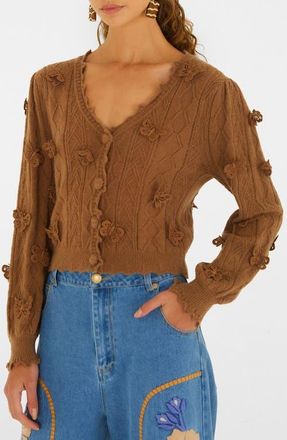 Farm Rio Richielieu 3-D Butterfly Detail Cardigan in Sand at Nordstrom, Size Xx-Small