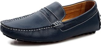 Generic Mens Shoe Mens Loafers Genuine Leather Stitching Details Round Toe Flat Heel Comfortable Anti-Slip Casual Slip-ons(Dark Blue,6.5 UK)