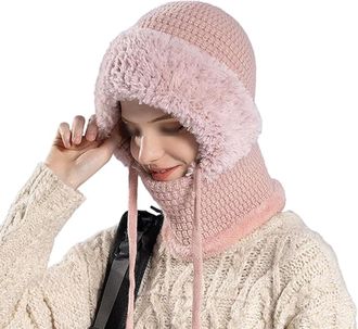 Generic 3 in 1 Beanie Hat for Women,3 in 1 Beanie Hat with Scarf and Mask,Cold Resistant Knit Hooded Scarf and Neck Warmer (Peach)