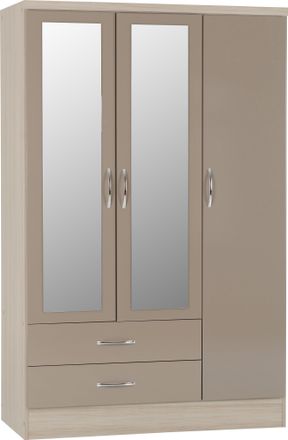 Seconique NEVADA 3 DOOR 2 DRAWER WARDROBE - OYSTER GLOSS/LIGHT OAK EFFECT VENEER - SECONIQUE | TJ Hughes