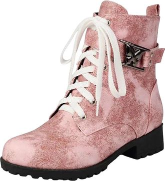 Generic Womens Leisure Ankle Boots Round Toe Med Chunky Heel With Side Zipper And Lace Up Front For Casual Daily Wear
