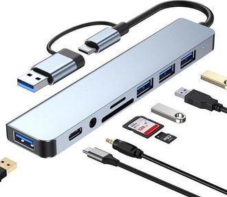 No Brand Hub Usb 8 En 1 De Aluminio: 1 Puerto Usb 3.0, 3 Puertos Usb 2.0, 1 Puerto Usb-c, Lector De Tarjetas Sd/tf, Salida De Audio De 3,5 Mm - Compatible Con 