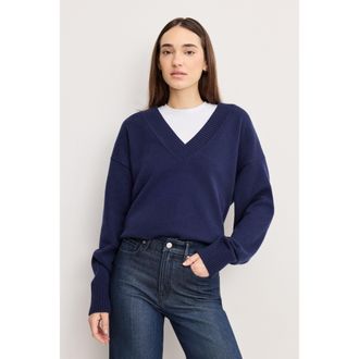 Good American Womens Deep V Knit Sweater | Horizon Ink, Size Medium | Good American by Khlo&Egrave; Kardashian