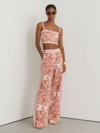Reiss Pale Pink Petite Linen Wave-trim Printed Wide-leg Trousers, 12
