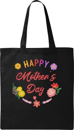 Generic Happy Mothers Day Flowers Graphic Natural Ecological Cotton Tote Bag Black