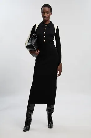 Karen Millen Rib Knit Long Sleeve Military Midi Dress in Black at Nordstrom, Size X-Small
