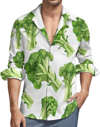 Generic Green Broccoli Vegetable Mens Shirts Long Sleeve Hawaiian Shirt Button Down Summer Tops M