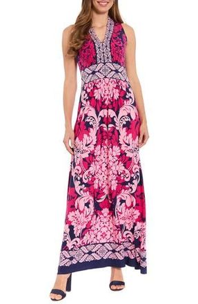 London Times Sleeveless Print Maxi Dress in Navy/Raspberry at Nordstrom Rack, Size 14