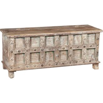 Biscottini International Chest, trunk, bench, container, case, antique original in teak wood carved with pickled finish