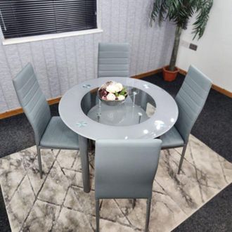 Kosy Koala Kosy Koala - Dining Table and 4 Chairs Round Glass Grey 4 Grey Leather Chairs Dining Room Furniture
