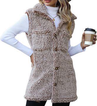 Feoya Womens Fleece Gilet Lightweight Body Warmer Ladies Long Gilet Cozy Sleeveless Jacket Vest with Buttons A-Coffee L