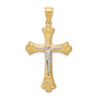Diamond2Deal 10k Yellow Gold Rhodium Fleur De Lis Crucifix Pendant