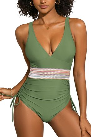 SHEKINI Women One Piece Swimsuit V Neck Tummy Control Color Block Bathing Suit Side Adjustable Drawstring Swimwear Green-XXL