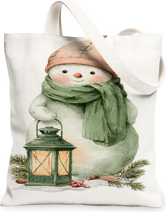 Generic Winter Snow Man Canvas Tote Bags, Adorable Snow Man Lantern Pattern Reusable Grocery Bags, Vintage Lightweight Washable Sho, White, 13x15 Inch