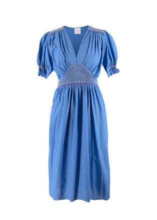 Loretta Caponi Blue Marina Smocked Voile Dress Size XS